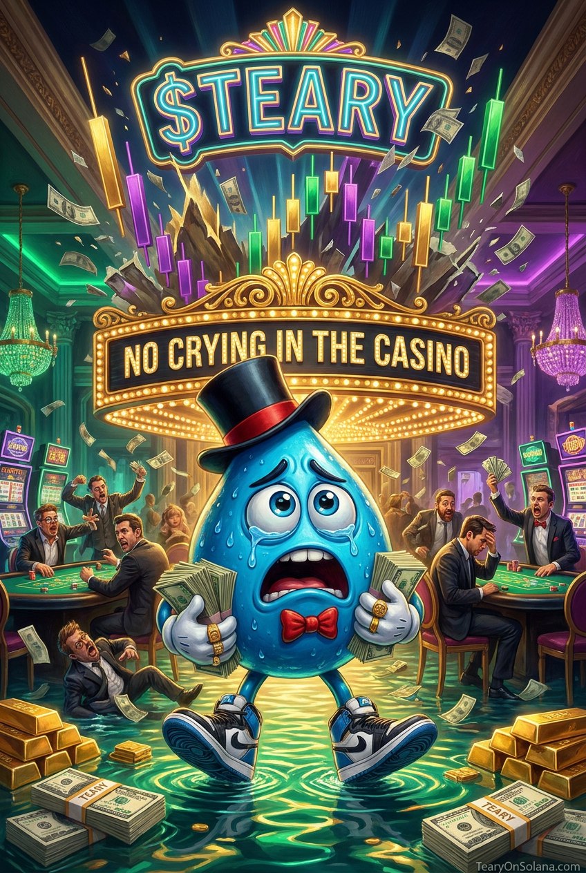 $TEARY mascot crying tears of cash in a neon casino